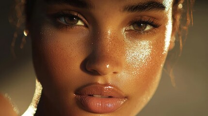 Close-up portrait of a woman with sun-kissed skin and freckles.