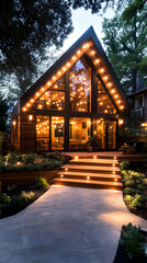 Obraz premium A-frame house with lights. Steps leading up to the entrance. Warm lighting. Cozy