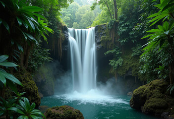 Fototapeta premium A majestic waterfall cascading through a tropical rainforest
