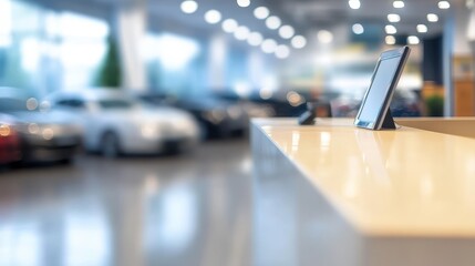A reception desk with a blurred row of cars in the dealership in the background.
