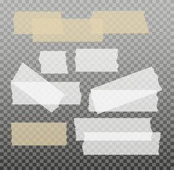 Scotch tape. Sticky paper tape. Adhesive Transparent sticky stripe. Sticker for collage, fixing photo notes. Vector