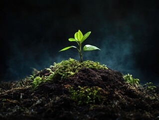 Tiny sprout emerging from soil, bathed in light