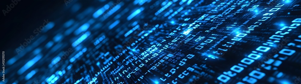 Poster Glowing Blue Digital Data Technology Abstract Background with Flowing Binary Codes Computer Programming and Hacking Concept Futuristic Cyber Network