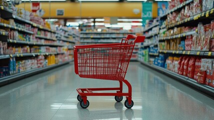 A red shopping cart stands prominently in a supermarket setting, symbolizing free delivery, discounts, and sales.