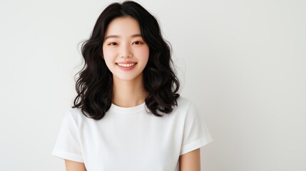 Fototapeta premium Smiling young woman with wavy hair in casual white shirt against a light background.