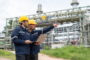 Two male petrochemical engineers with laptop working at petroleum refinery. Workers survey...