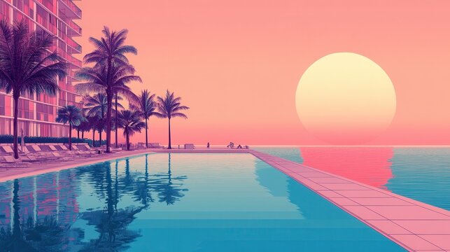 A retro illustration captures Miami summer vibes with generative AI, featuring vintage pink and blue colors.