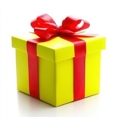 Fototapeta premium Bright Yellow Gift Box with Red Ribbon on a White Background