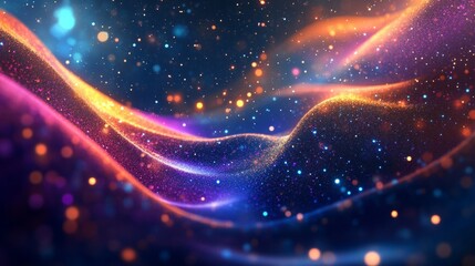 Dynamic three-dimensional waves of sparkling particles, vibrant colors generative ai
