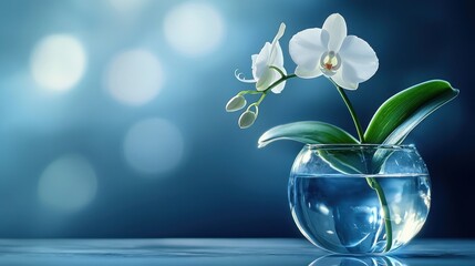 White orchid in glass vase on blue background.