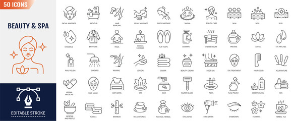 Beauty and spa line icon set. Editable stroke. Containing as skin care, spa, treatment, cosmetology, cosmetics, massage, and more. Vector illustration