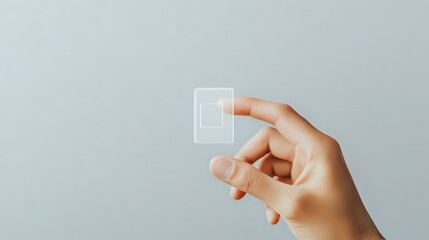 Female hand holding transparent square glass or acrylic block against light neutral background, demonstrating minimalist design concept and modern technology interface.