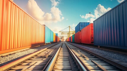 Fototapeta premium Loading containers onto railway wagons industrial transport in action