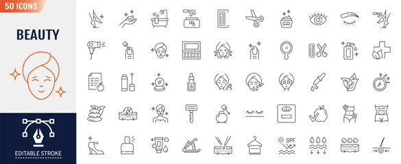 Beauty line icon set. Editable stroke. Containing as skincare, treatment, skin, cosmetic, manicure, spa, and more. Vector  illustration
