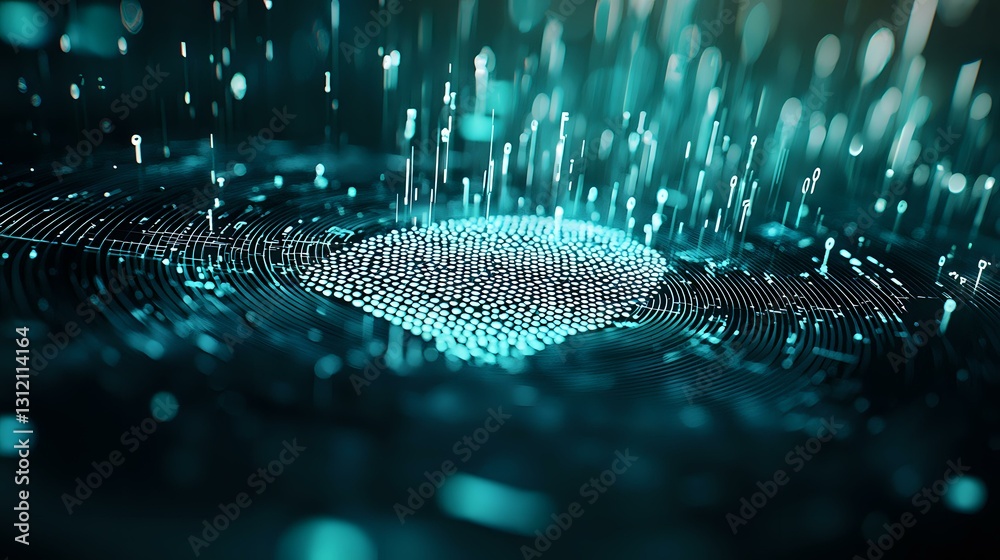 Poster digital fingerprint with glowing circuit pattern and particles on dark background represents biometr