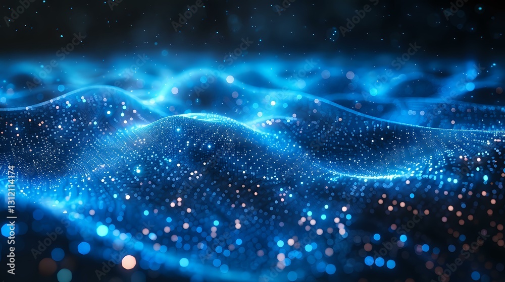 Aufkleber glowing blue waves of digital particles flow across dark background creating futuristic network visu
