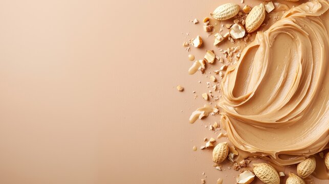 A rich, creamy peanut butter spread is the focal point of the image, set against a neutral background with scattered peanuts, offering ample copy space for branding or informational text.