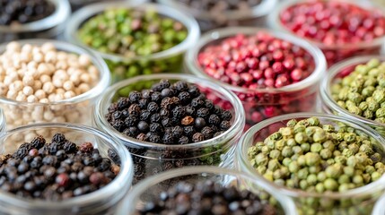 Assortment of colorful peppercorns in glass bowls.