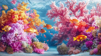 Vibrant coral reef teeming with fish underwater