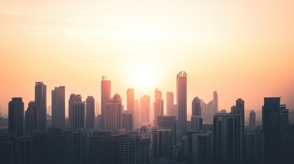 Fototapeta premium City skyline at sunset, buildings silhouetted against a warm sky.