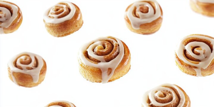 Cinnamon rolls floating with icing drizzles isolated on white background