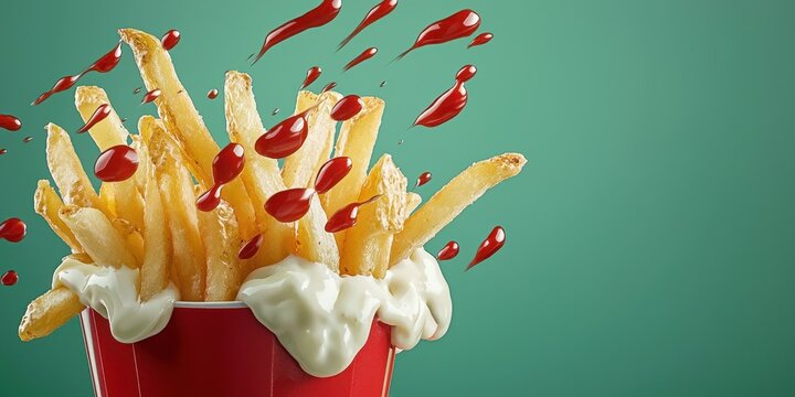 Classic fast-food fries with ketchup and mayo splashes on a radiant green backdrop