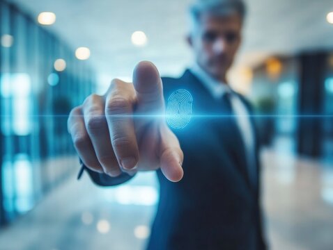 Businessman interacts with digital fingerprint
