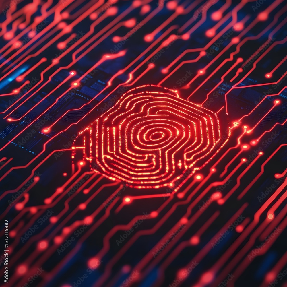 Poster Glowing Futuristic Circuit Board   Abstract Digital Technology Background with Bright Red and Blue Lights Representing Intelligence and the Future of Computing and Electronics