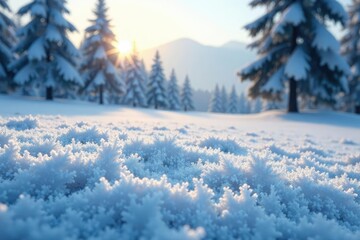 Frost-covered ground with hoarfrost crystals and trees in the background, scenery, snowy, landscape