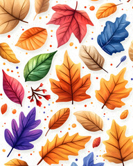 Autumn leaves Vibrant, colorful leaves scattered on a white background in varied shapes and sizes