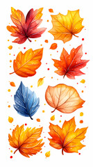 Obraz premium Autumn leaves Watercolor illustration of vibrant colored foliage, assorted shapes & sizes on white