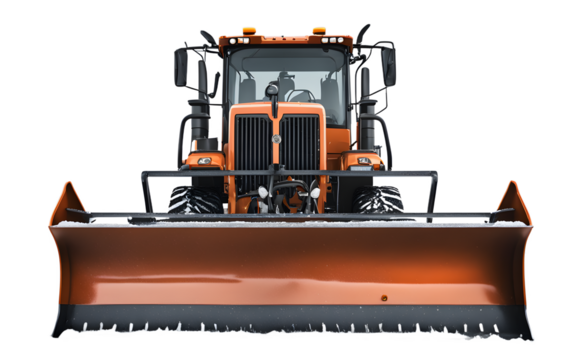 A heavy-duty snowplow with a wide steel blade, isolated on a empty plain background