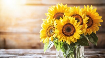 Vibrant sunflowers in a glass vase on rustic wood.