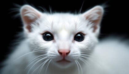 Close-up of a Stunning White Cat with Blue Eyes on Black
