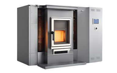 A high-efficiency furnace with a digital control panel, isolated on a empty plain background