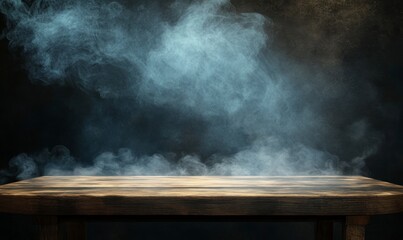 Empty Wooden Table with Rising Smoke Background for Product Display
