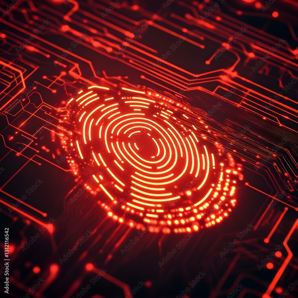Poster Glowing futuristic digital fractal circuit backdrop with swirling energy flow and dynamic movement  Abstract technology pattern with bright neon red lines shapes and geometric design elements