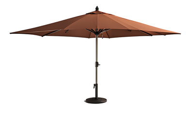 A large outdoor umbrella with a tilted canopy, isolated on a empty plain background
