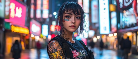 Obraz premium Young woman with short dark hair and tattoos stands in a vibrant city at night. Neon lights illuminate the background, creating a futuristic
