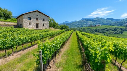 Scenic Vineyard Landscape with Stone House and Mountains in Background