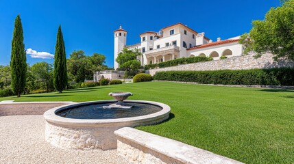 Obraz premium Scenic View of Elegant Villa with Fountain and Green Landscape