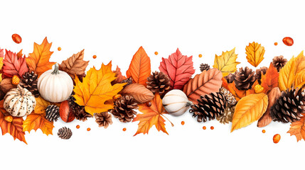 Autumnal composition pumpkins, colorful leaves, pinecones, against a white background