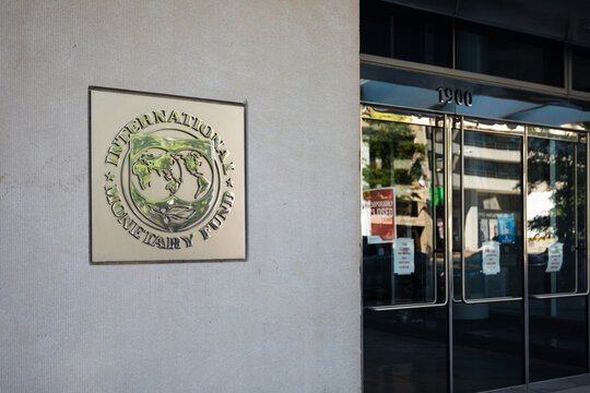 Washington, DC, USA - 2020 October 3: Sign of the International Monetary Fund at the Entrance of the IWF Headquarters Building