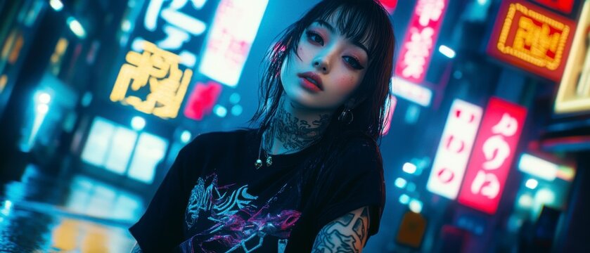Young woman with tattoos and wet hair stands in a vibrant, neon lit city at night. She wears a dark graphic t shirt. The background is blurred but
