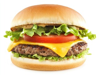 Centered Cheeseburger with Lettuce and Tomato, Detailed Close-Up, High Resolution, Professional Shot, Sharp Focus, Natural Lighting