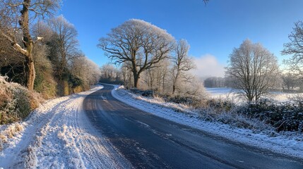 Obraz premium Serene Winter Landscape with Snow-Covered Trees and Curved Road