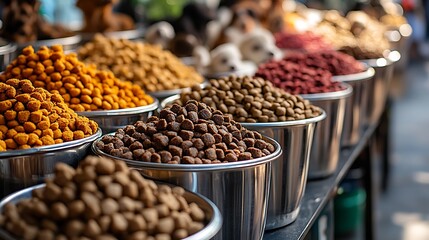 Assorted Dog Food Kibble in Metal Bowls at Market
