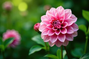 Obraz premium Delicate dahlia petals unfolding amidst lush green foliage, plant, dahlia