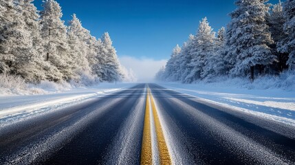 Obraz premium Snowy Road Through Frosty Forest Under Bright Blue Sky
