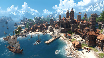 Fototapeta premium Coastal Medieval City with Stone Buildings and Ships at Harbor under Sunny Sky